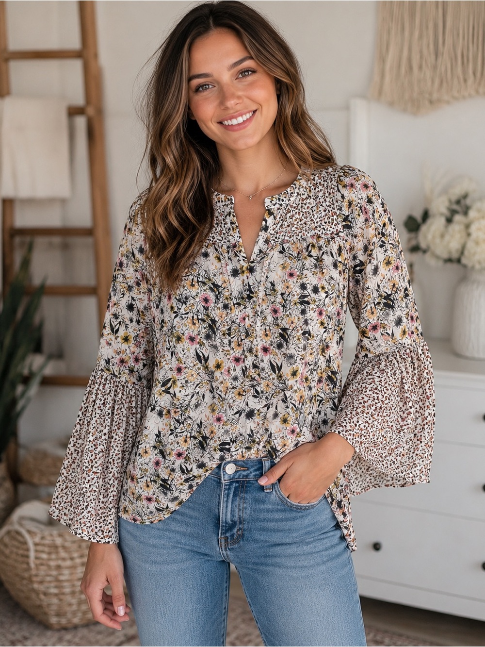 Style & Co. Women's Ditzy Floral Print V-Neck Flutter Sleeve Blouse Large